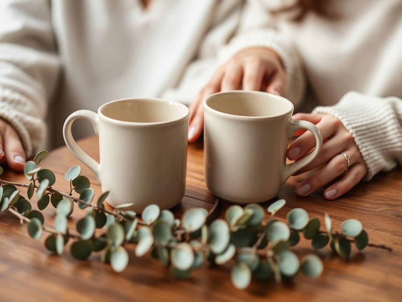 Two warm ceramic mugs and eucalyptus on a wooden table