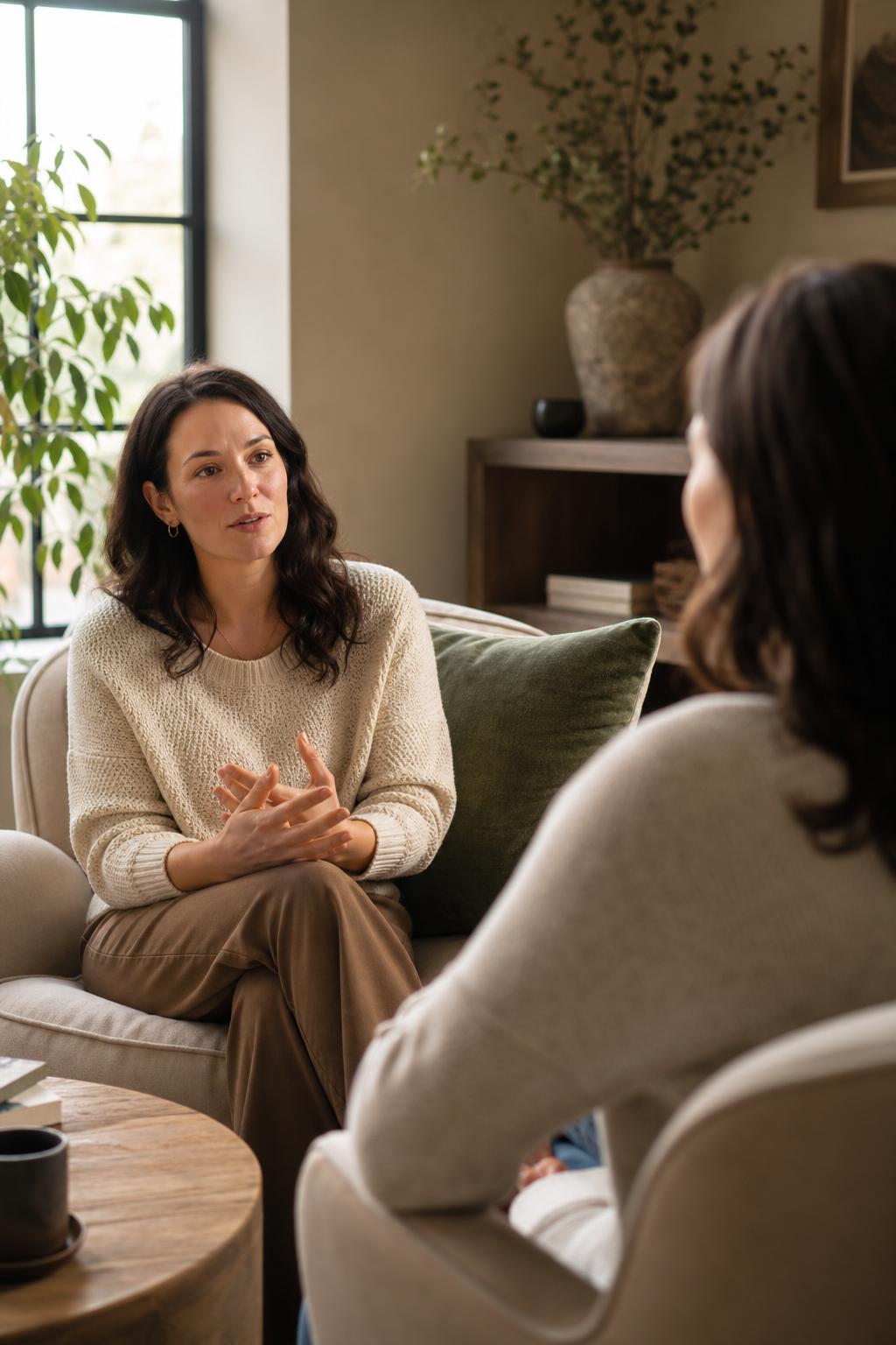 Two people engaged in a warm, attentive conversation in a comfortable, naturally lit space